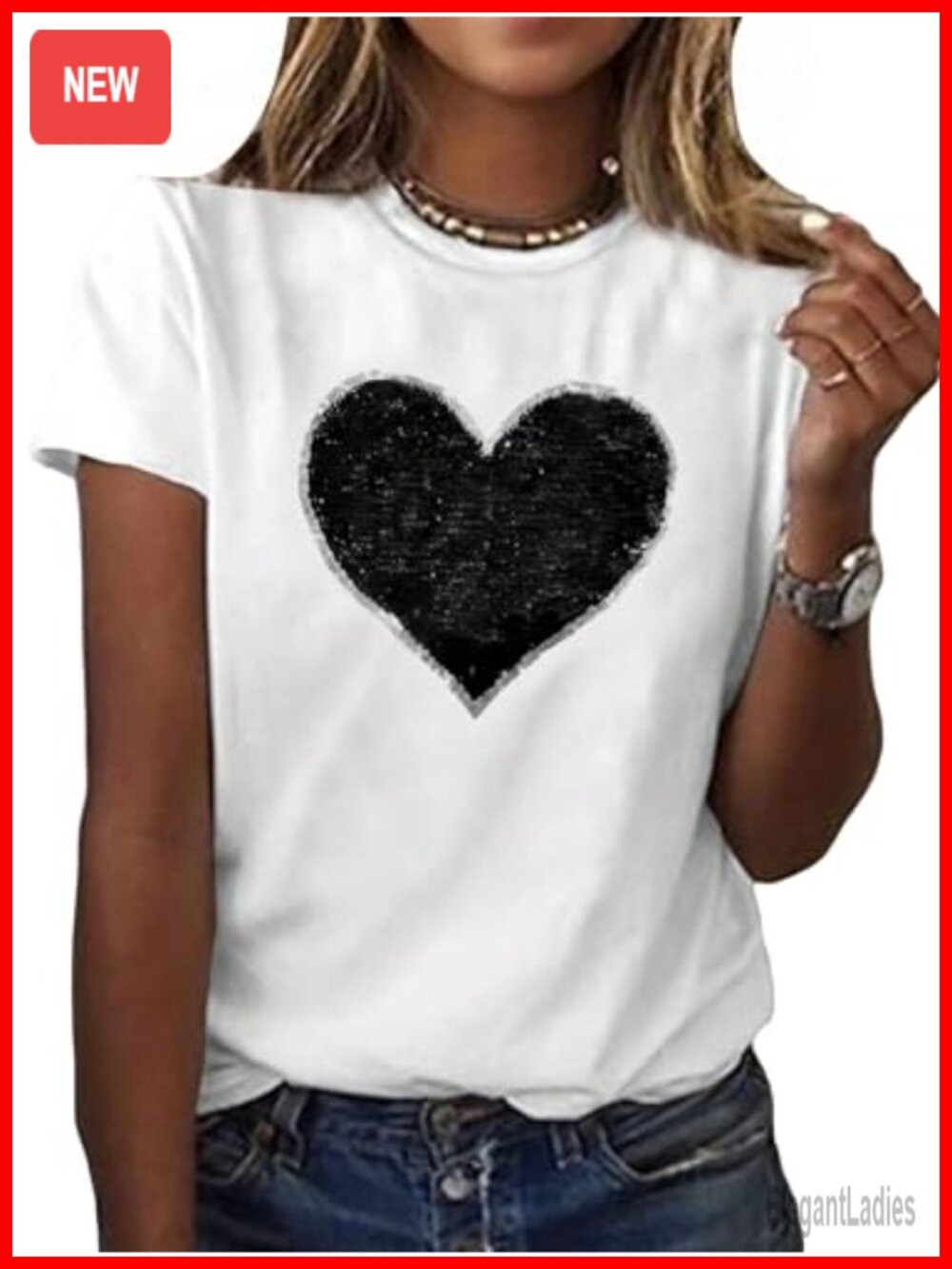 SweatyRocks Heart Print Glitter Sequin T-Shirt Sparkle Party Tee